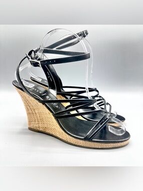 White House Black Market Size 8 Strappy Black Raffia Wedge Heels